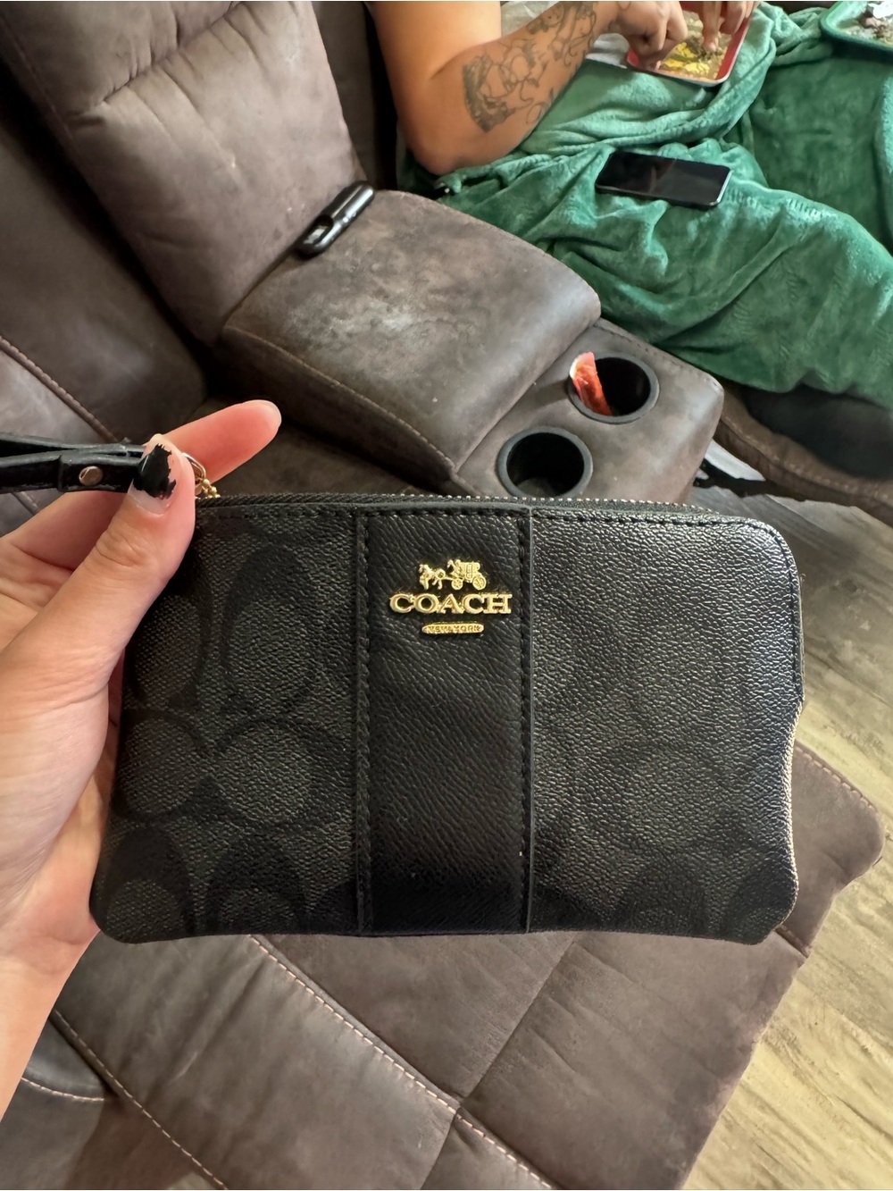 COACH Black Logo Wristlet with Gold Hardware